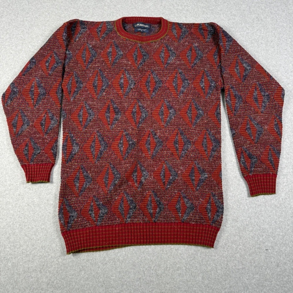 Vintage 90s Puritan XL Grandpa Sweater Geometric Diamond Knit Red Made in USA